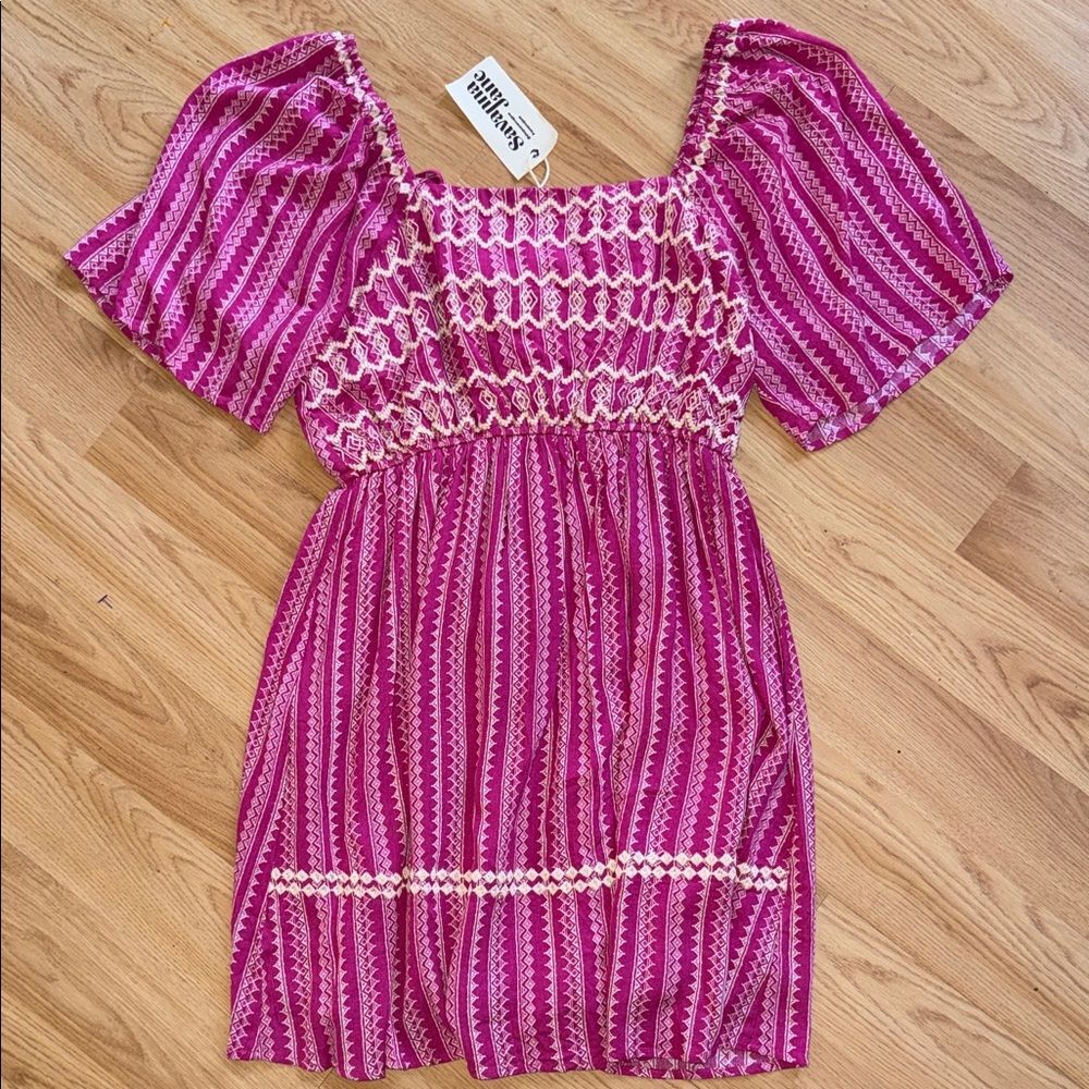 NWT Savanna Jane Pink Striped Dress Flutter Sleeves Print Size Medium